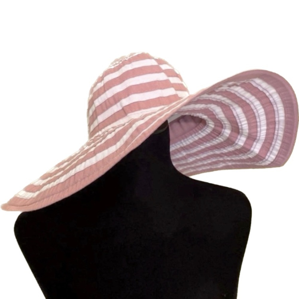 NWT Beautiful large beach hat 50+ sun protection foldable pink and white stripes